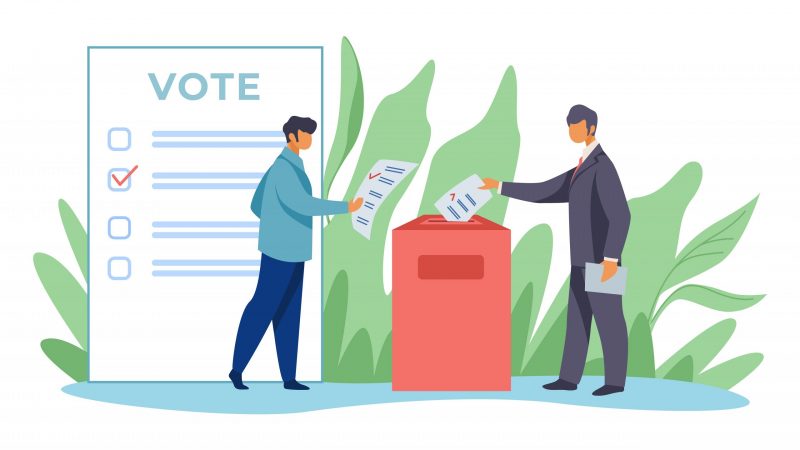 Voters inserting forms into ballot boxes. Presidential, congress, government election flat vector illustration. Democracy, poll, campaign concept for banner, website design or landing web page
